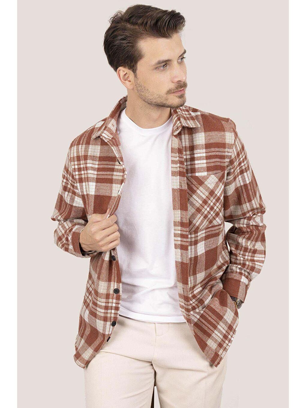 Kahverengi Kiremit Oversize (Geniş Kalıp) Kalın Oduncu Erkek Gömlek-4