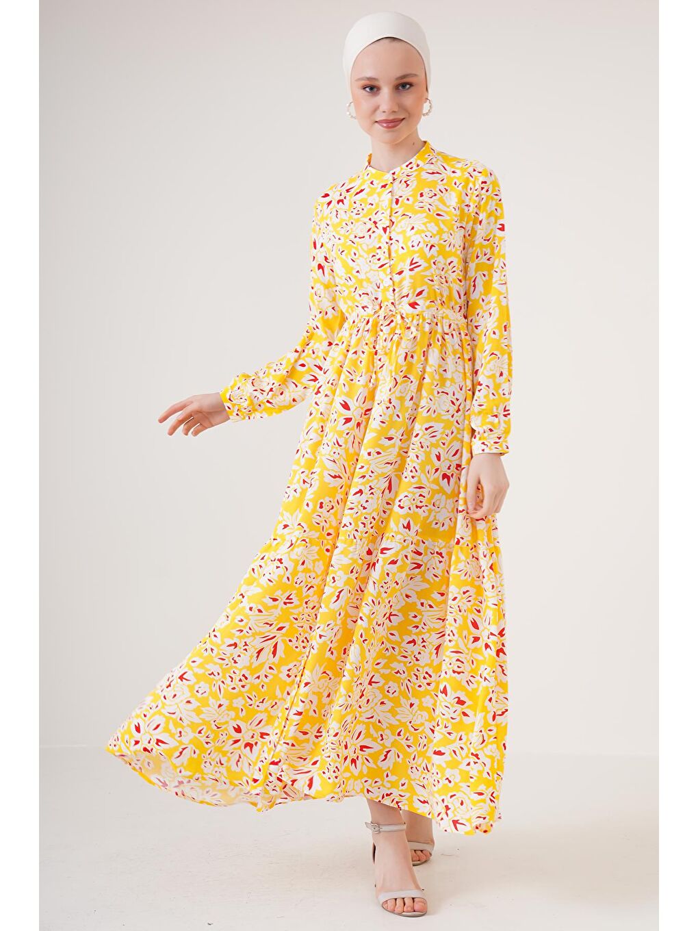 2144 Hakim Yaka Tesettür Elbise - Sarı-1