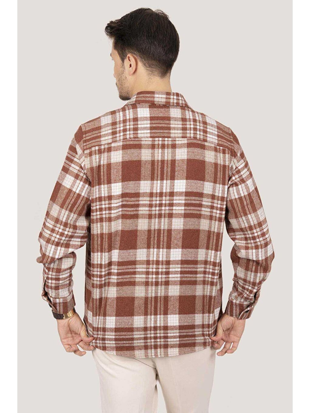 Kahverengi Kiremit Oversize (Geniş Kalıp) Kalın Oduncu Erkek Gömlek-5