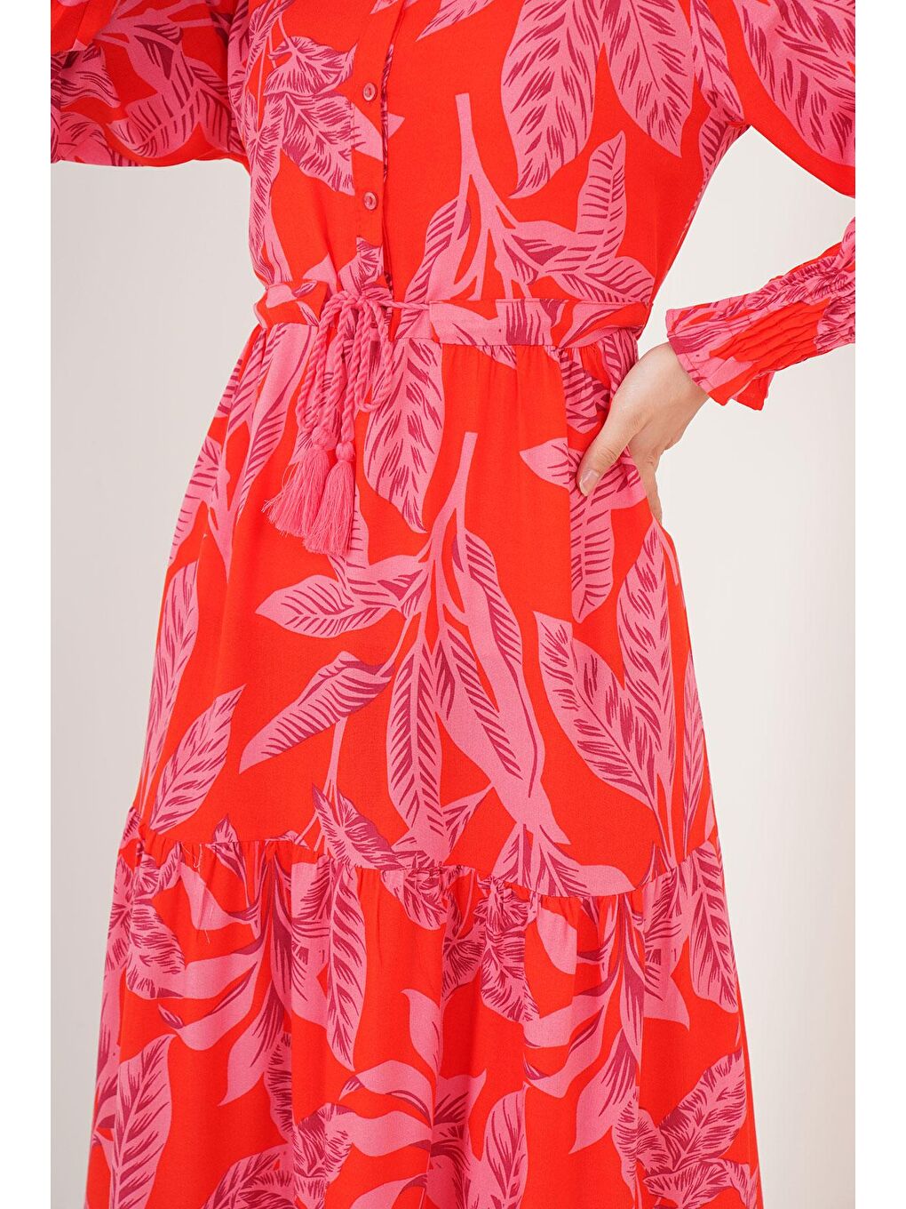 2145 Desenli Tesettür Elbise - Kırmızı-4