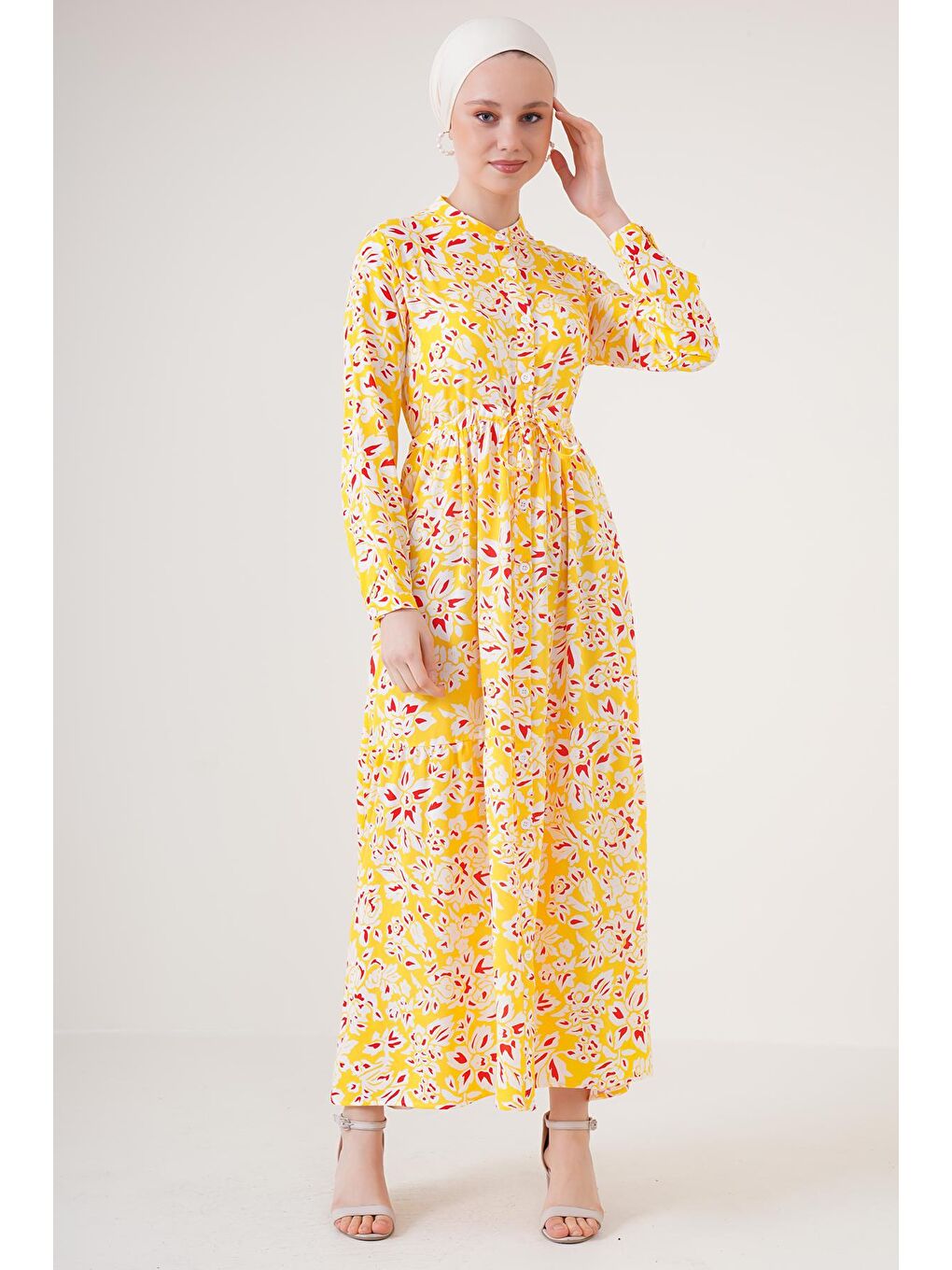 2144 Hakim Yaka Tesettür Elbise - Sarı-2