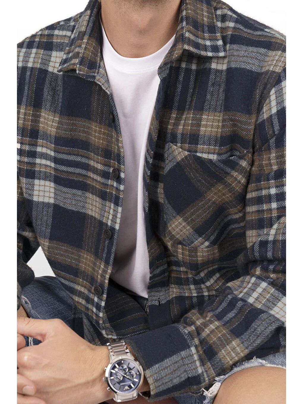 Lacivert Kahve Oversize (Geniş Kalıp) Kalın %100 Pamuk Erkek Oduncu Gömlek