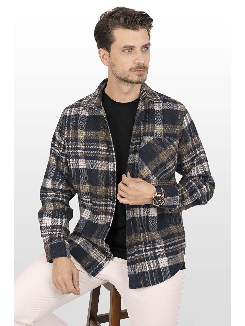 Lacivert Kahve Oversize (Geniş Kalıp) Kalın %100 Pamuk Erkek Oduncu Gömlek-2