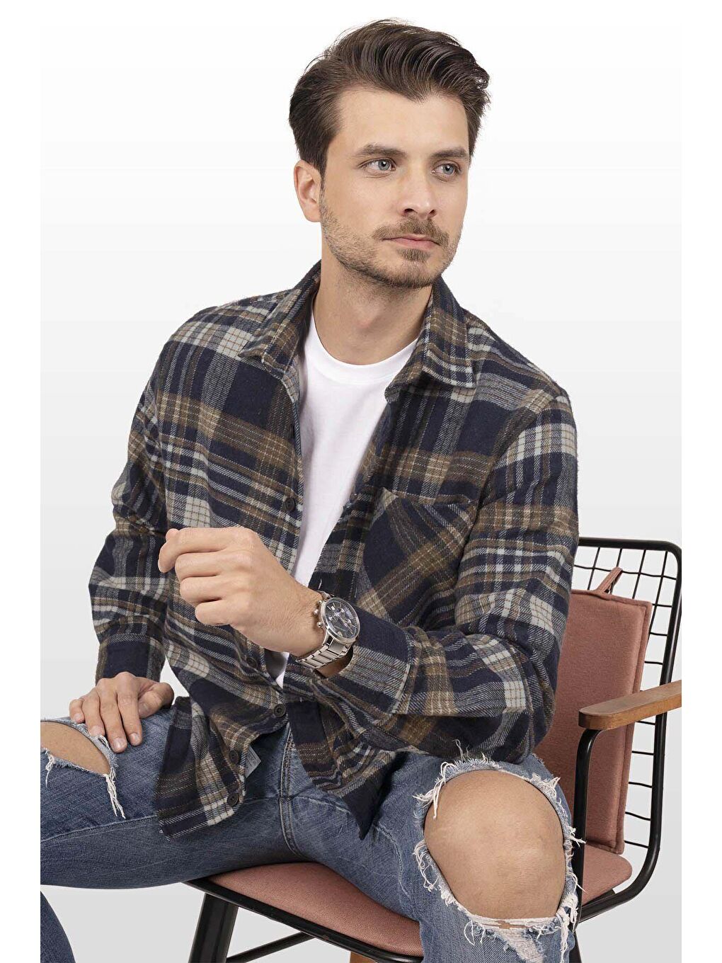 Lacivert Kahve Oversize (Geniş Kalıp) Kalın %100 Pamuk Erkek Oduncu Gömlek-4