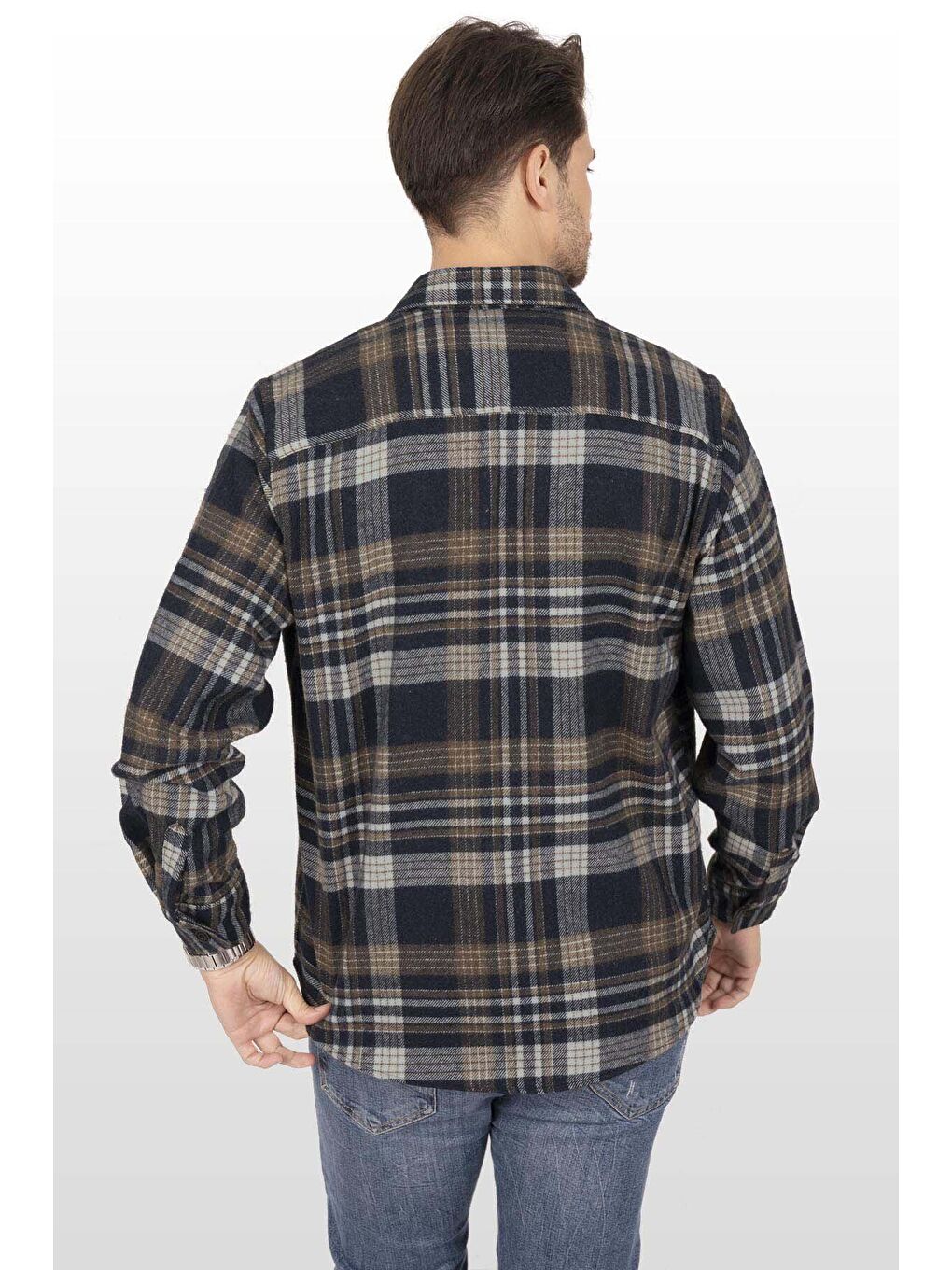 Lacivert Kahve Oversize (Geniş Kalıp) Kalın %100 Pamuk Erkek Oduncu Gömlek-5