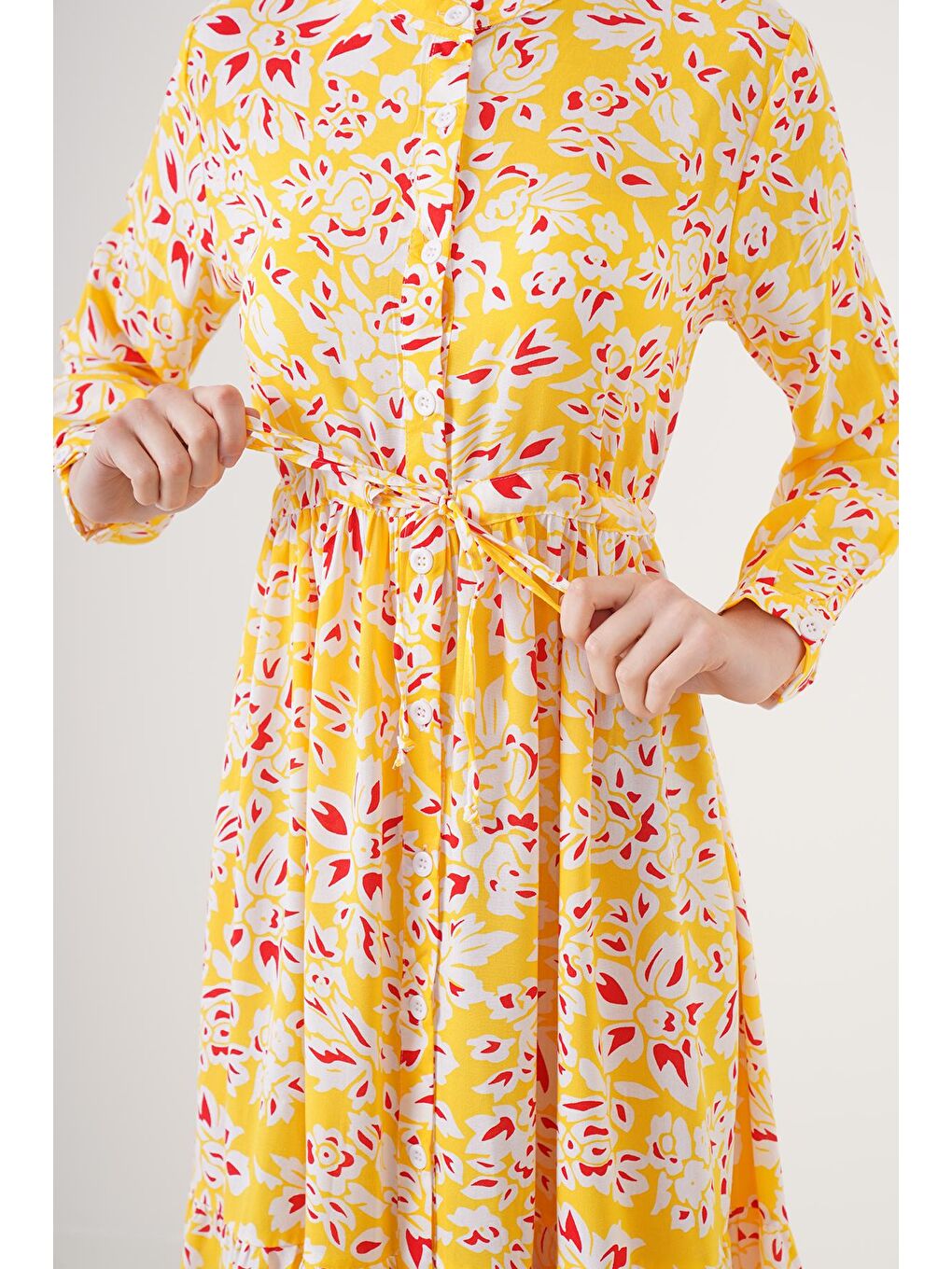 2144 Hakim Yaka Tesettür Elbise - Sarı-3