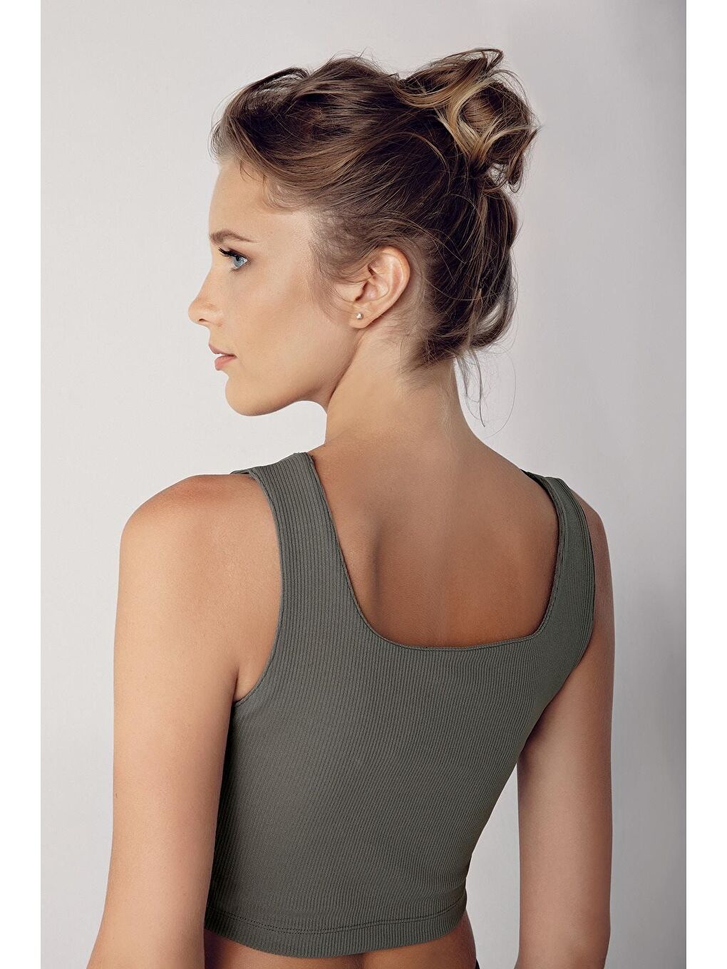 Haki Kalın Askılı Crop Top Fitilli Spor Büstiyer C02-1