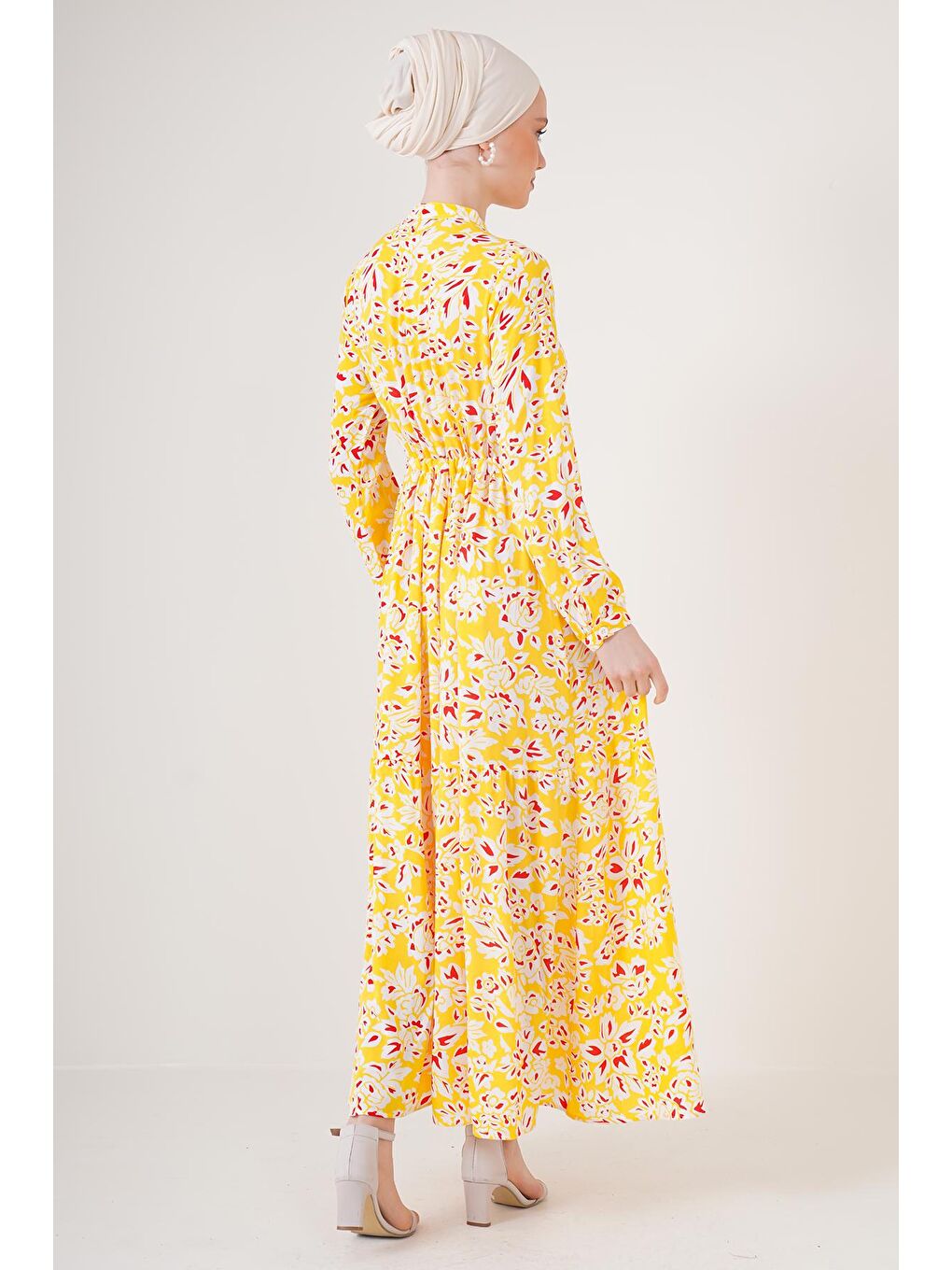 2144 Hakim Yaka Tesettür Elbise - Sarı-4