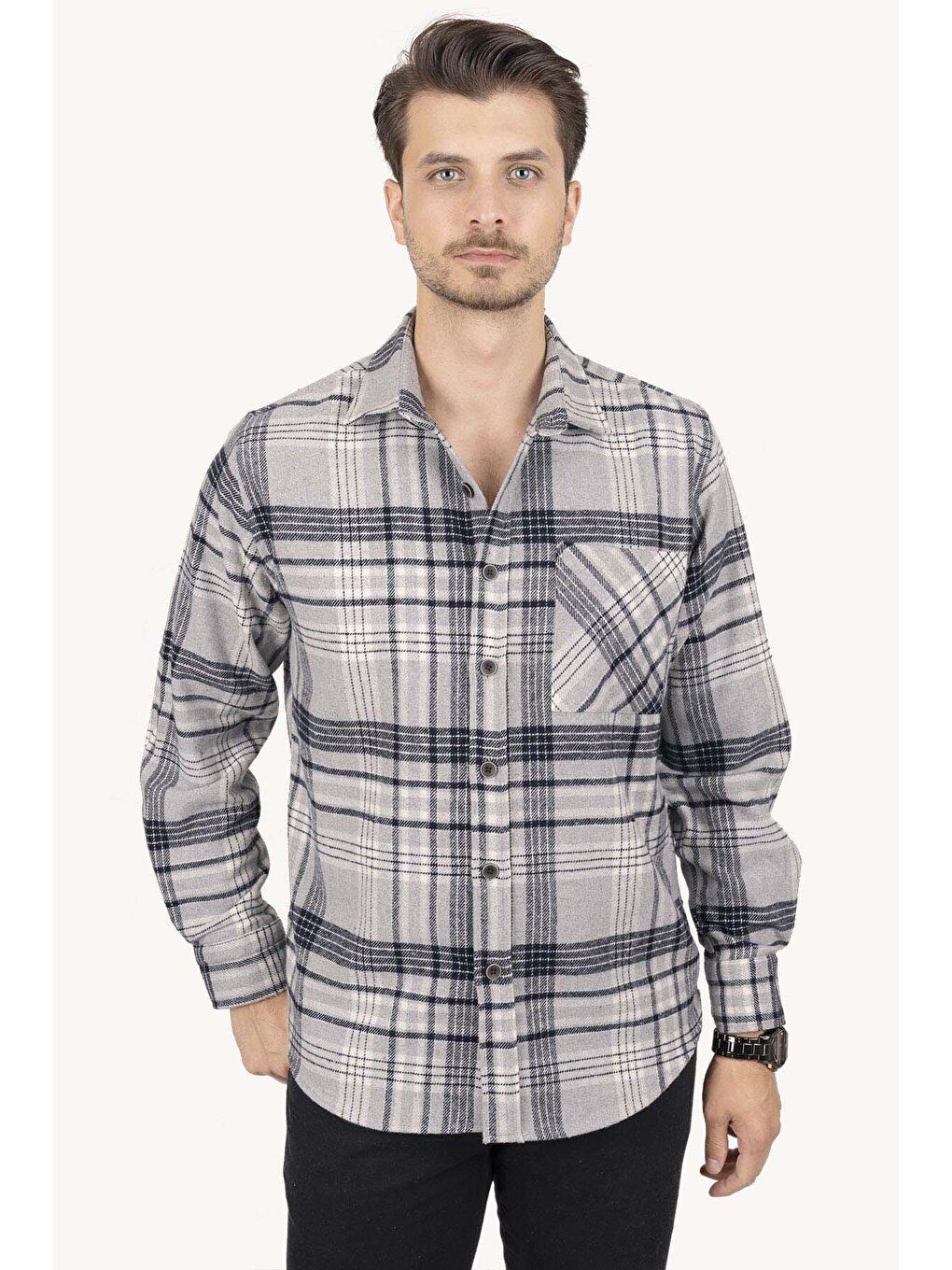 Gri Lacivert Oversize (Geniş Kalıp) Kalın %100 Pamuk Erkek Oduncu Gömlek-1