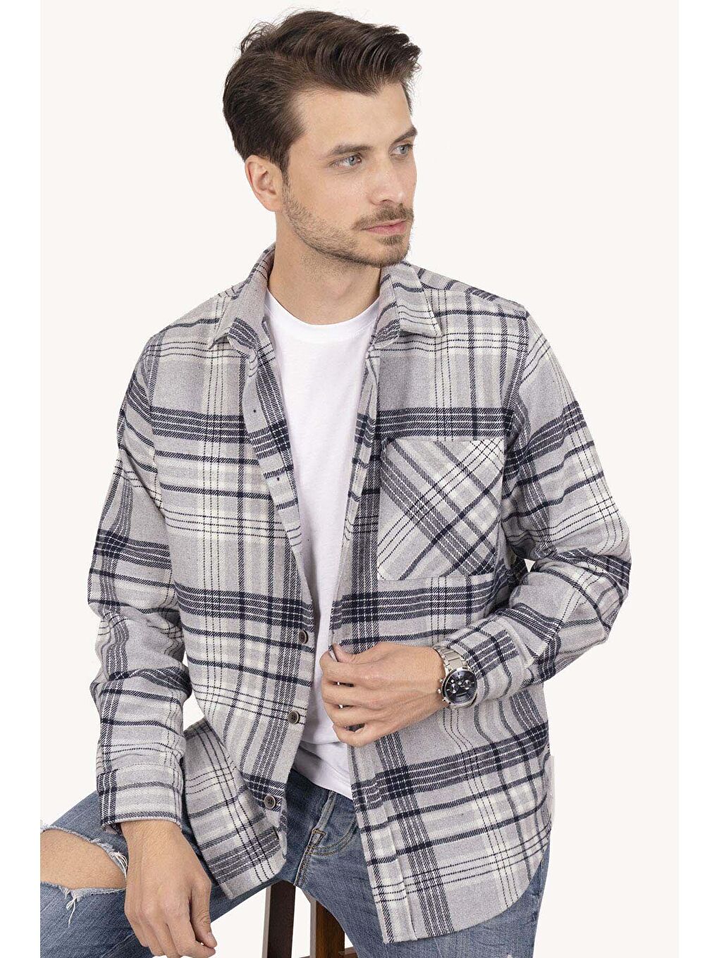 Gri Lacivert Oversize (Geniş Kalıp) Kalın %100 Pamuk Erkek Oduncu Gömlek-4