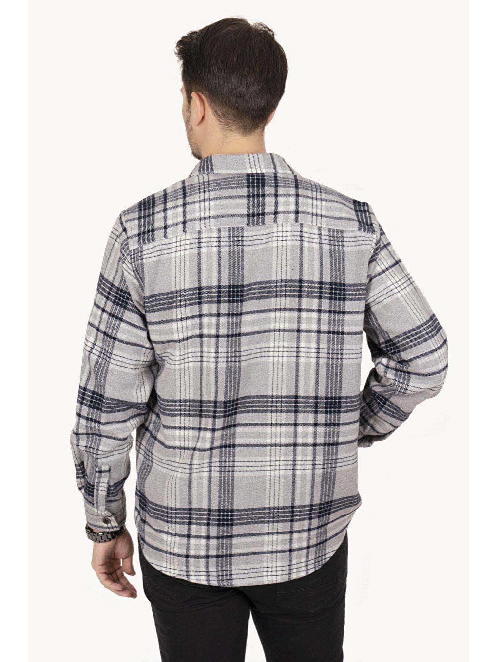 Gri Lacivert Oversize (Geniş Kalıp) Kalın %100 Pamuk Erkek Oduncu Gömlek-5