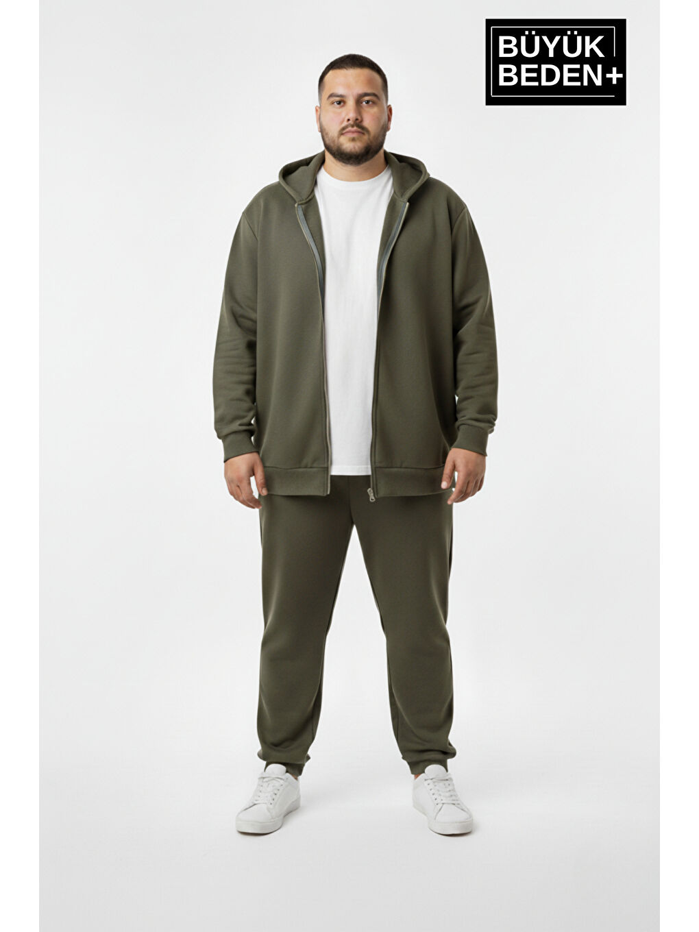 Haki Erkek Büyük Beden Fermuarlı Kapüşonlu Sweatshirt Hırka - Rahat Kalıp SPR26BHR960