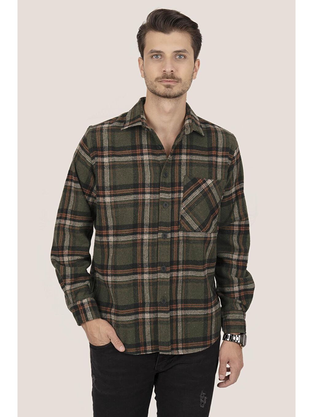 Yeşil Oversize (Geniş Kalıp) Kalın Oduncu Erkek Gömlek-1