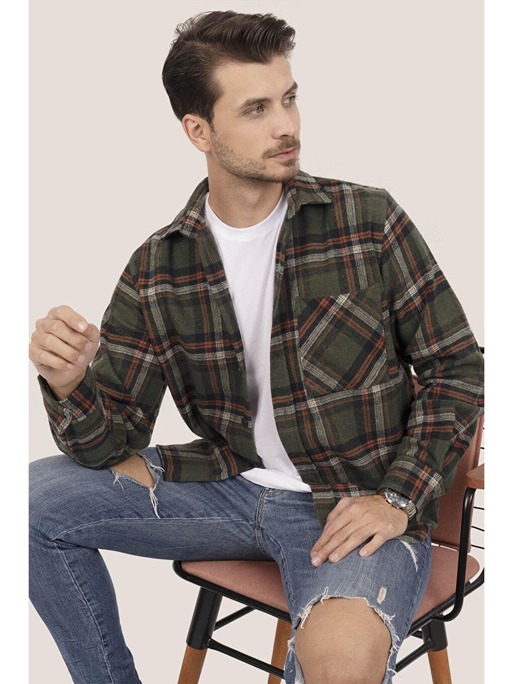 Yeşil Oversize (Geniş Kalıp) Kalın Oduncu Erkek Gömlek-4