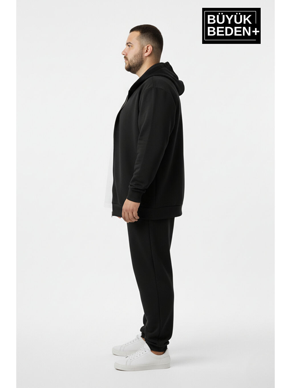 Siyah Erkek Büyük Beden Fermuarlı Kapüşonlu Sweatshirt Hırka - Rahat Kalıp SPR26BHR960-2