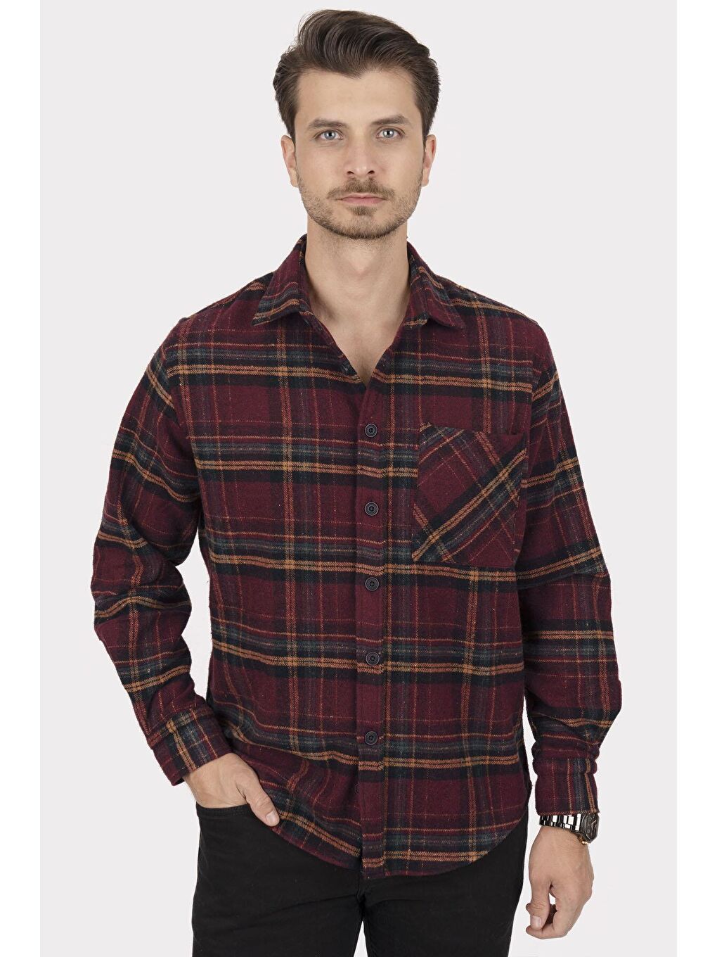 Bordo Sarı Çizgili Oversize (Geniş Kalıp) Kalın %100 Pamuk Erkek Oduncu Gömlek-1