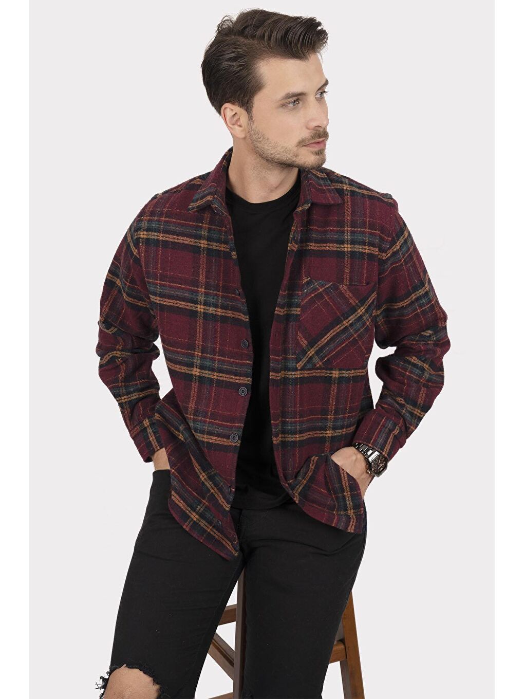 Bordo Sarı Çizgili Oversize (Geniş Kalıp) Kalın %100 Pamuk Erkek Oduncu Gömlek-2