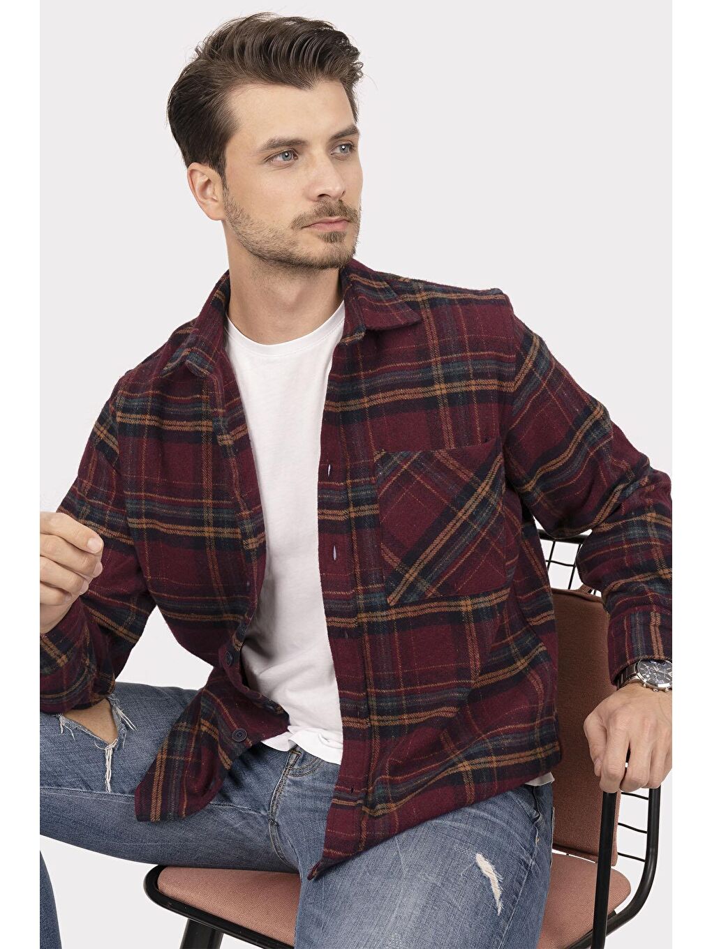 Bordo Sarı Çizgili Oversize (Geniş Kalıp) Kalın %100 Pamuk Erkek Oduncu Gömlek-4