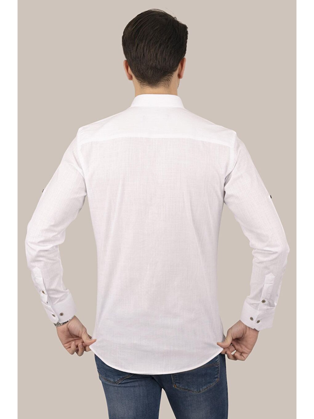 Beyaz Kahve Düğmeli Slimfit Erkek Gömlek-5