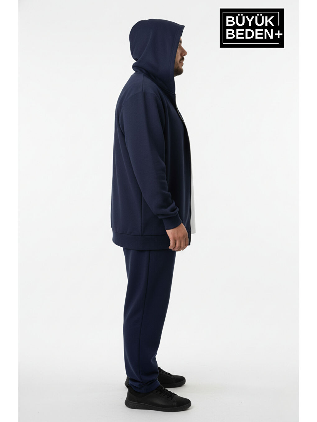 Lacivert Erkek Büyük Beden Fermuarlı Kapüşonlu Sweatshirt Hırka - Rahat Kalıp SPR26BHR960-2