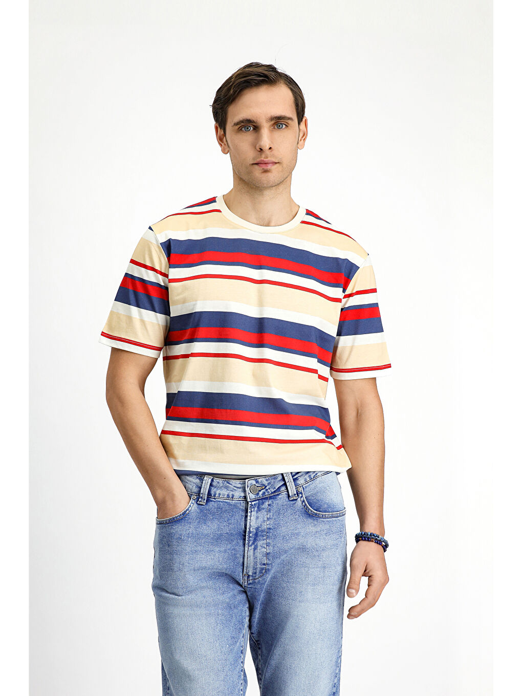 Kırmızı Bisiklet Yaka Regular Fit Pamuk Çizgili Tişört-2