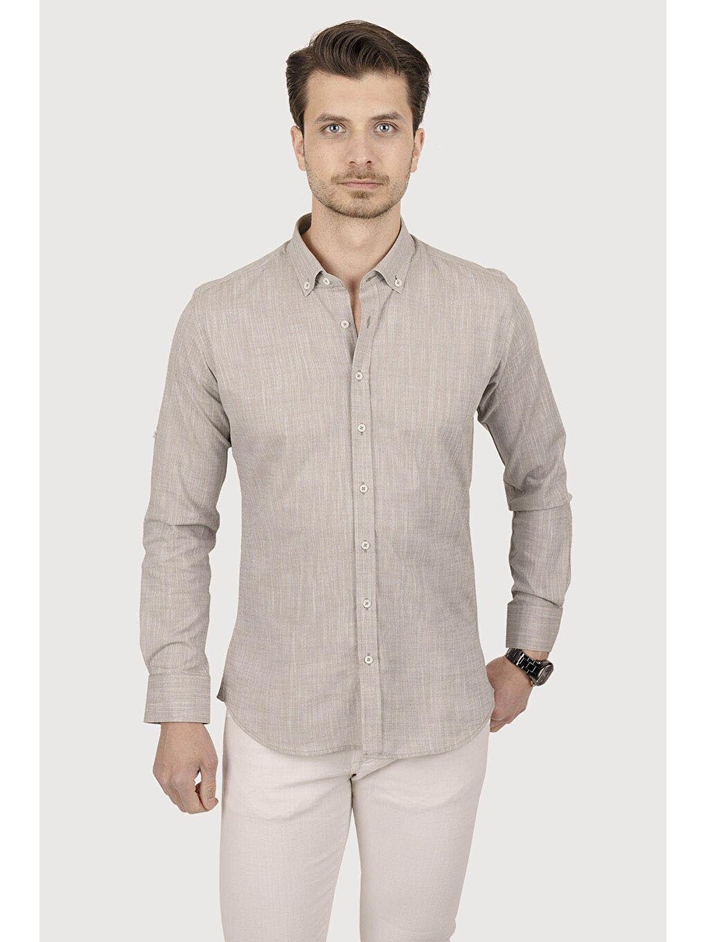 Kahverengi Sütlü Kahve Yaka Düğmeli Keten Slimfit Erkek Gömlek-1
