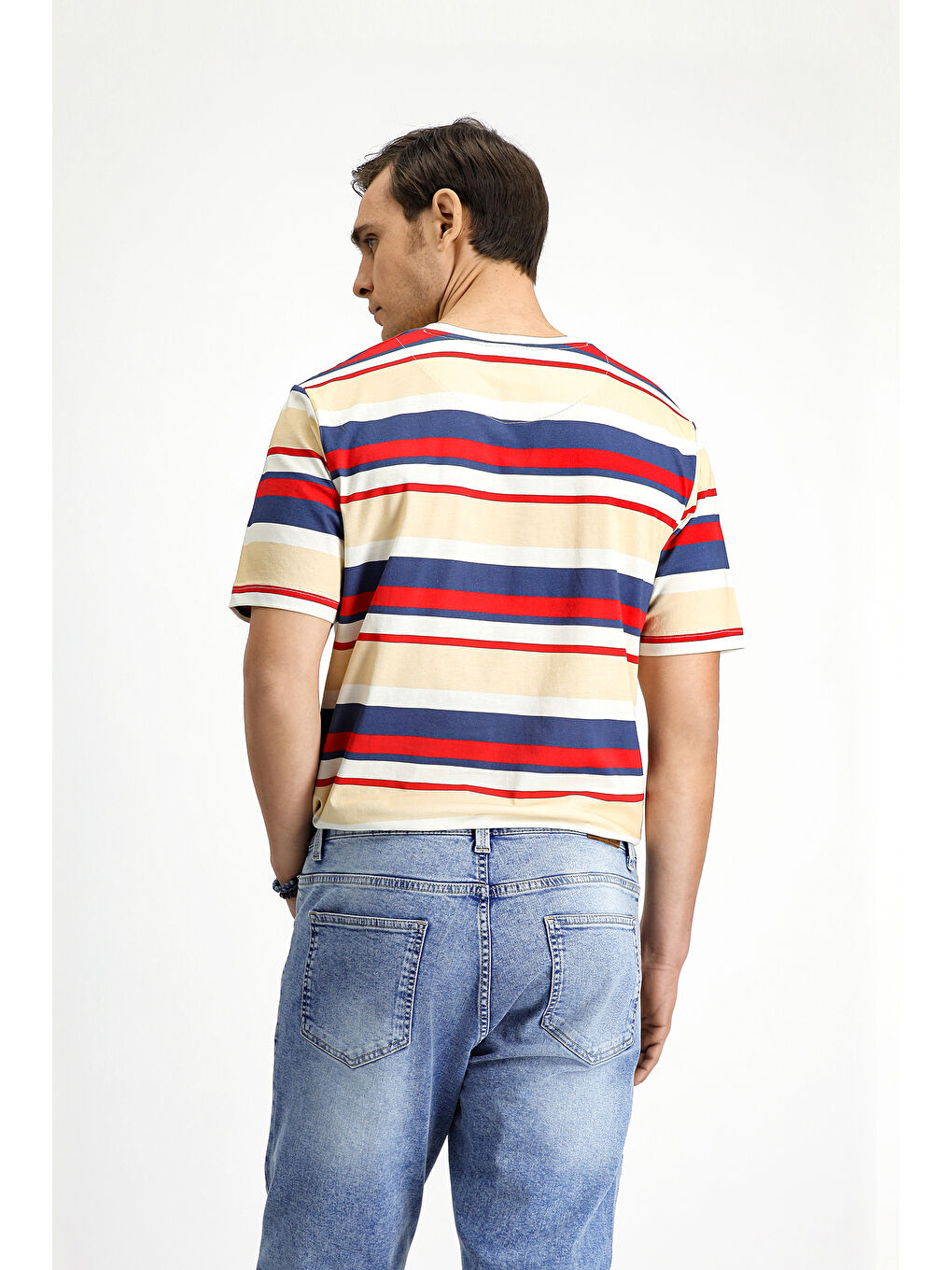 Kırmızı Bisiklet Yaka Regular Fit Pamuk Çizgili Tişört-3