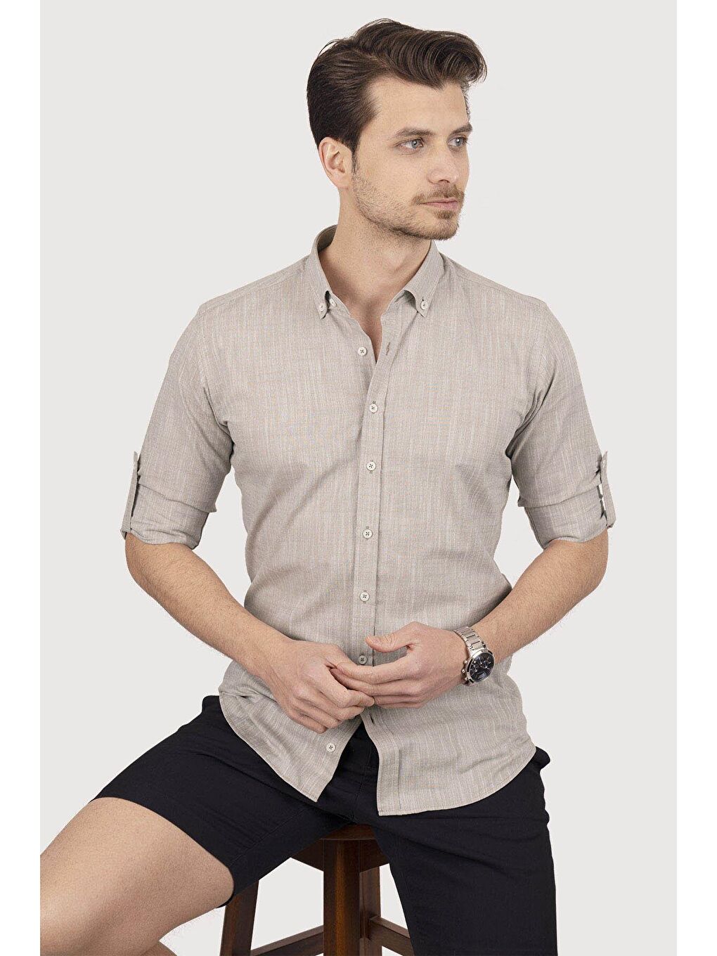 Kahverengi Sütlü Kahve Yaka Düğmeli Keten Slimfit Erkek Gömlek-2