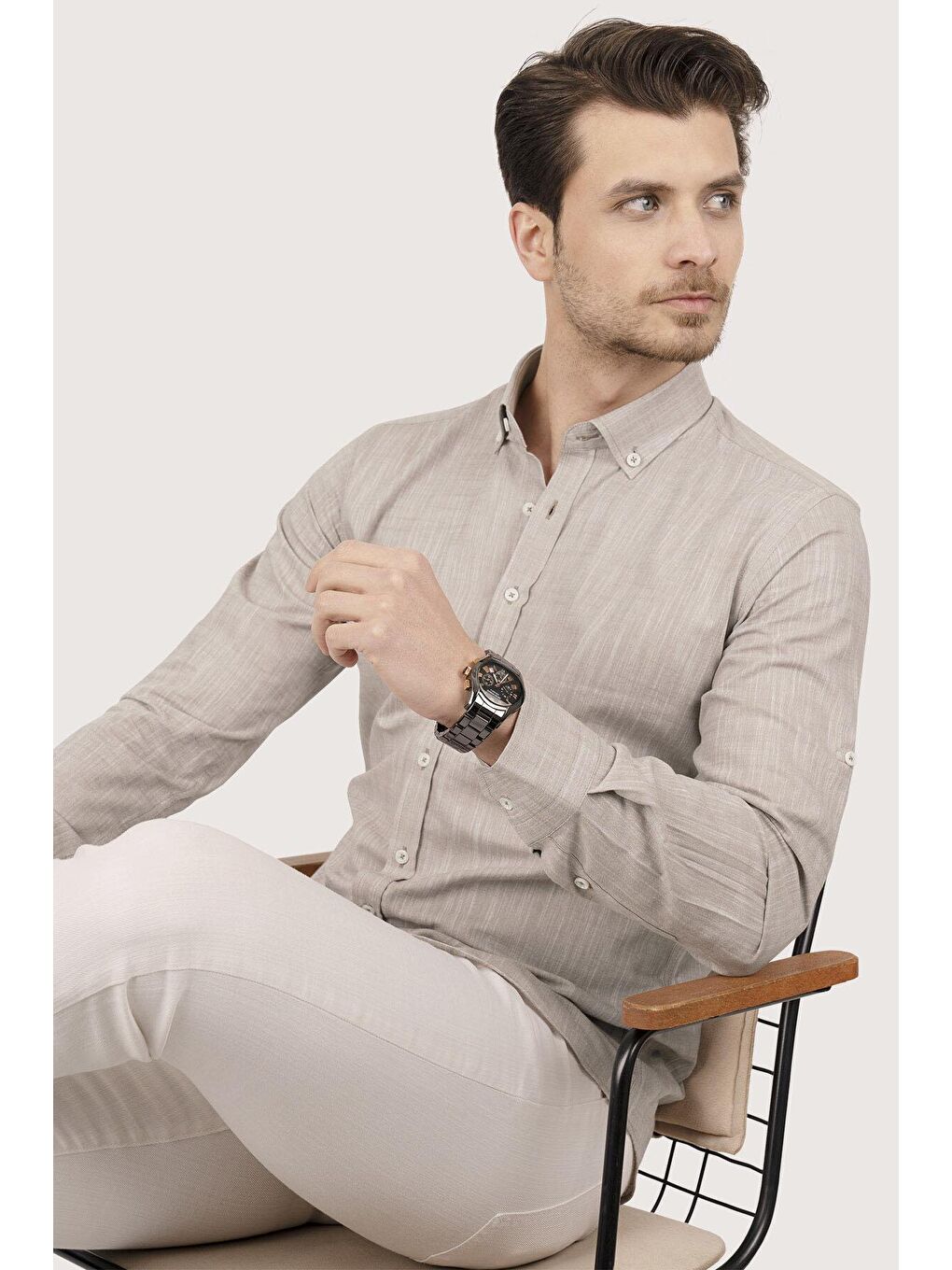 Kahverengi Sütlü Kahve Yaka Düğmeli Keten Slimfit Erkek Gömlek-4