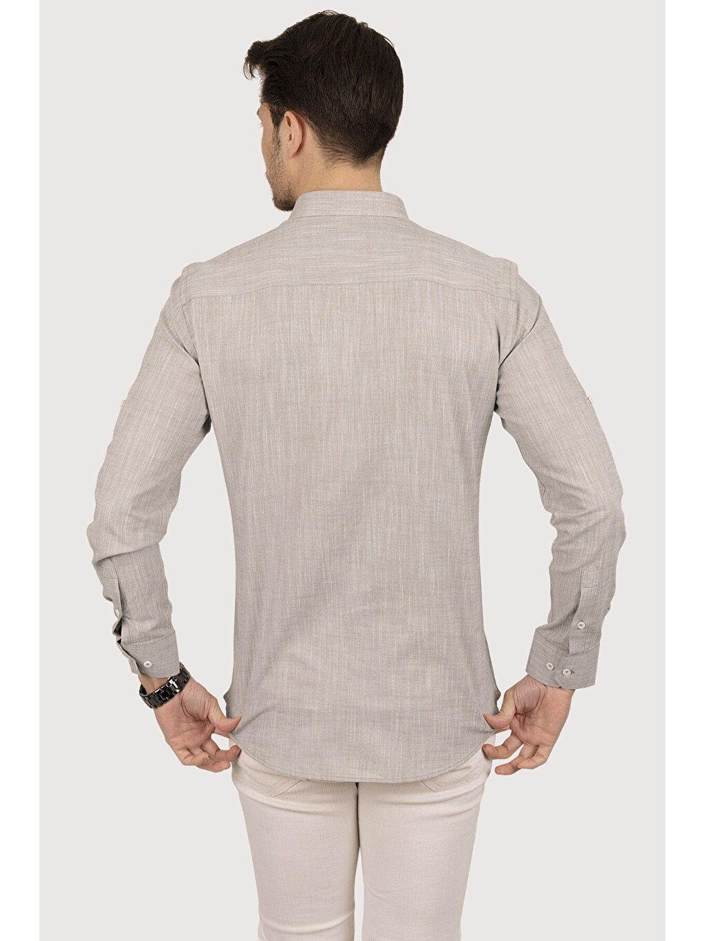 Kahverengi Sütlü Kahve Yaka Düğmeli Keten Slimfit Erkek Gömlek-5