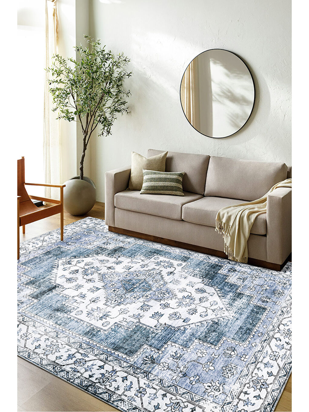 Mavi Dekoratif Özel Tasarım Yıkanabilir İnce Kaymaz Tabanlı Modern Halı KECE FR27-2