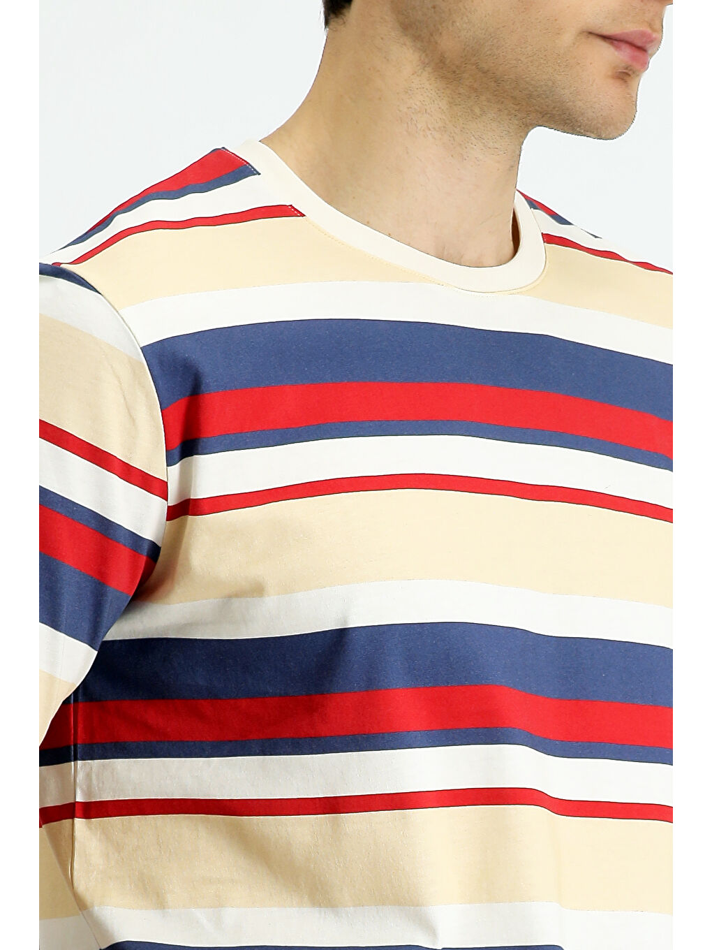 Kırmızı Bisiklet Yaka Regular Fit Pamuk Çizgili Tişört-4