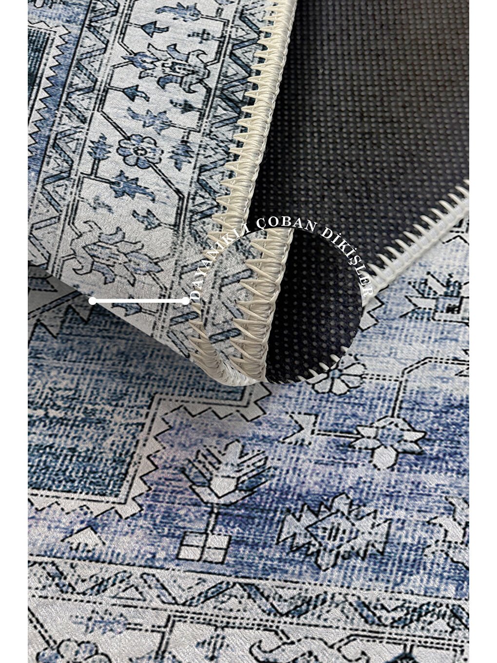 Mavi Dekoratif Özel Tasarım Yıkanabilir İnce Kaymaz Tabanlı Modern Halı KECE FR27-3