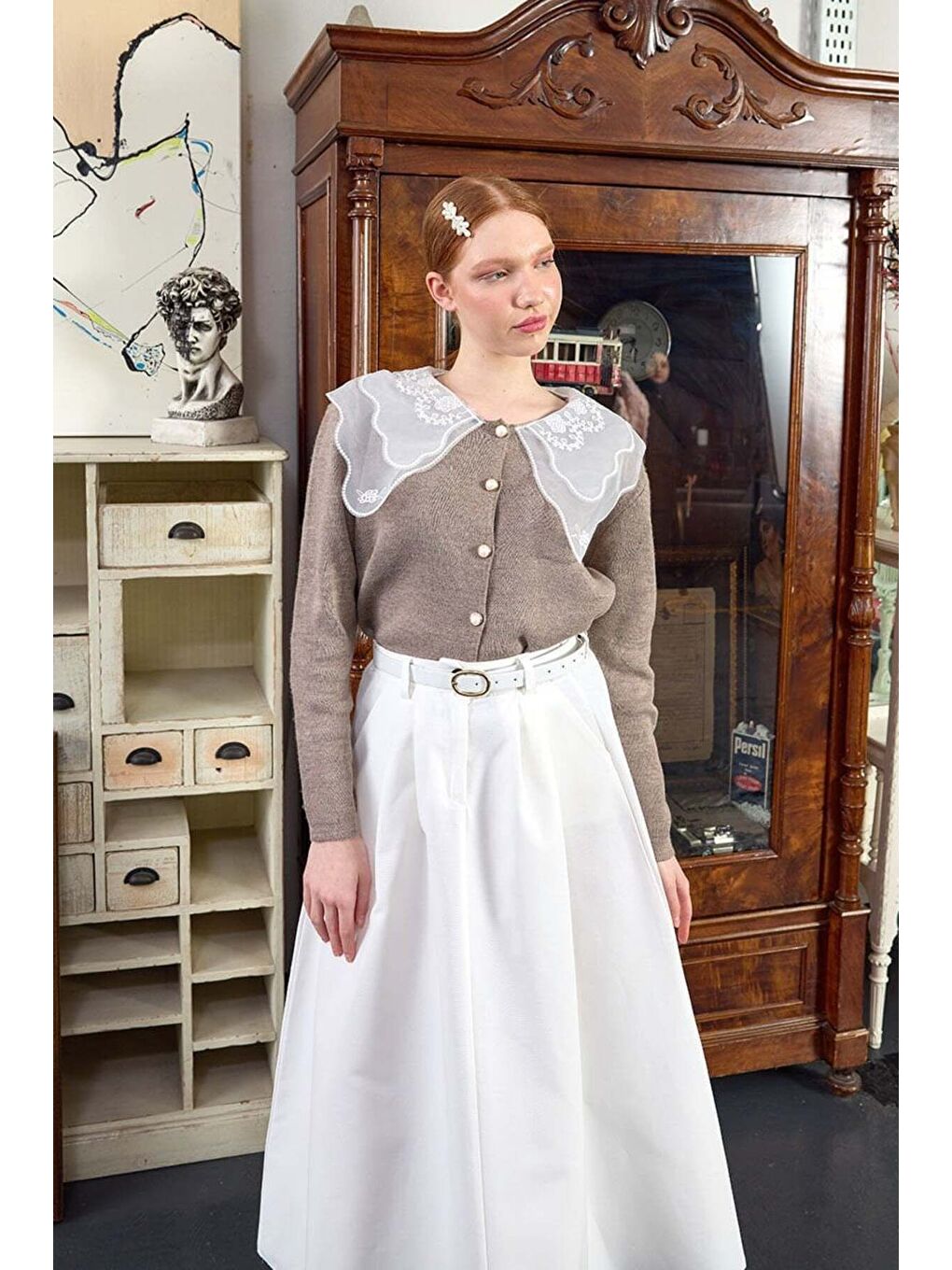 Bej Dantel Yakalı Vizon Triko Hırka-1