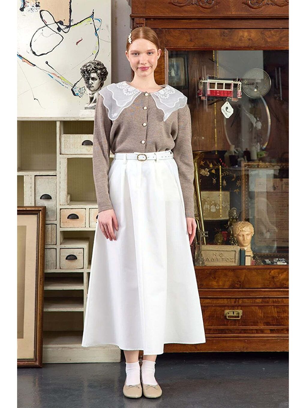 Bej Dantel Yakalı Vizon Triko Hırka-2