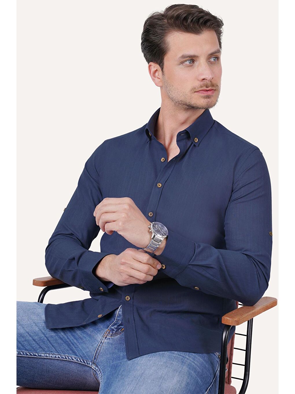 İndigo Indigo Yaka Düğmeli Keten Slimfit Erkek Gömlek-4