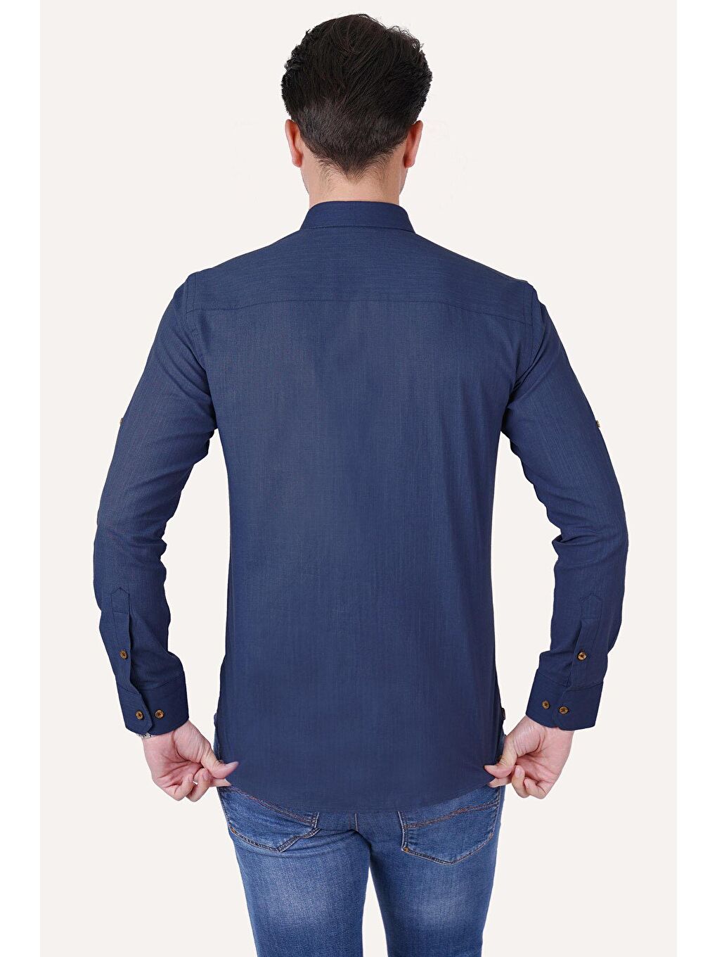 İndigo Indigo Yaka Düğmeli Keten Slimfit Erkek Gömlek-5