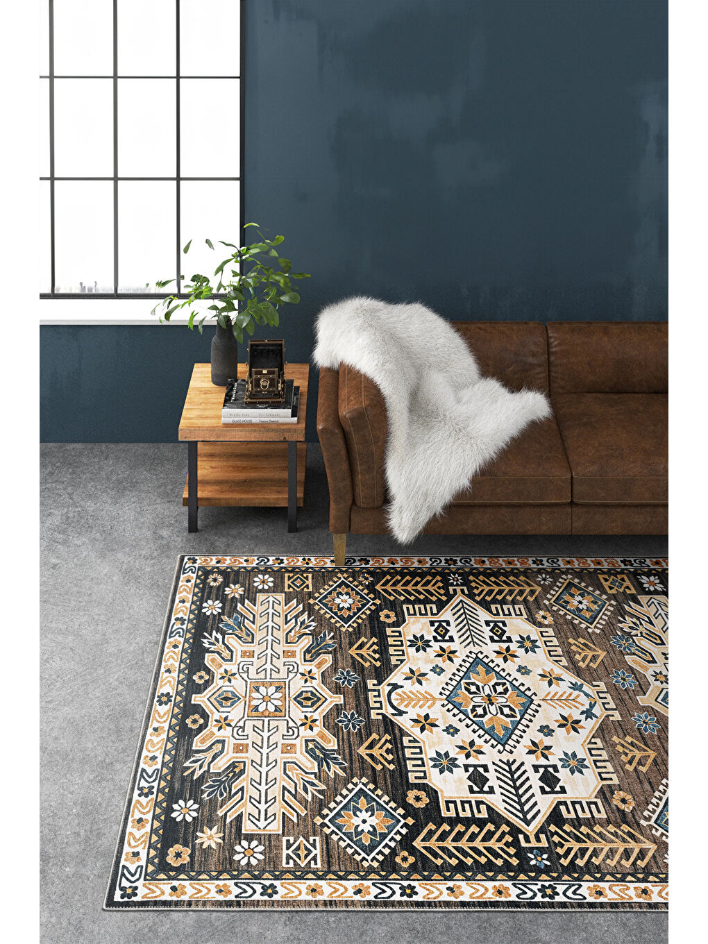 Kahverengi Dekoratif Özel Tasarım Yıkanabilir İnce Kaymaz Tabanlı Modern Halı KECE FR26-1