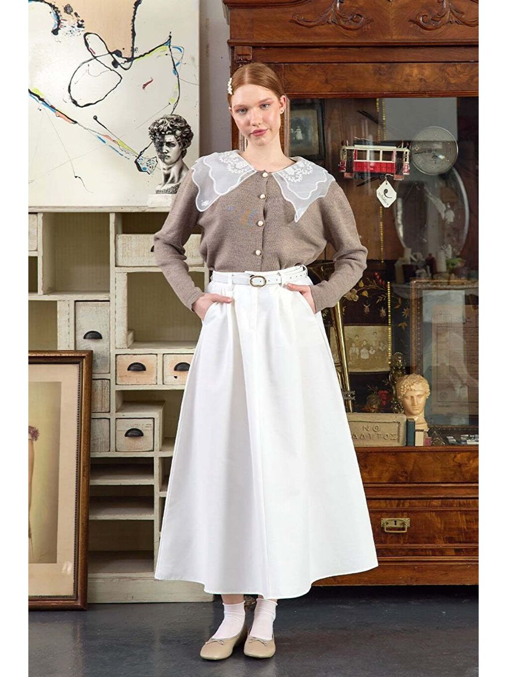 Bej Dantel Yakalı Vizon Triko Hırka-3