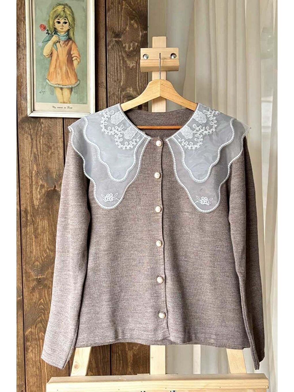 Bej Dantel Yakalı Vizon Triko Hırka-4