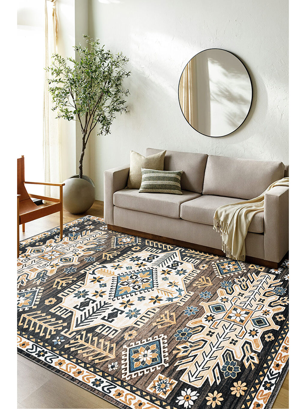 Kahverengi Dekoratif Özel Tasarım Yıkanabilir İnce Kaymaz Tabanlı Modern Halı KECE FR26-2