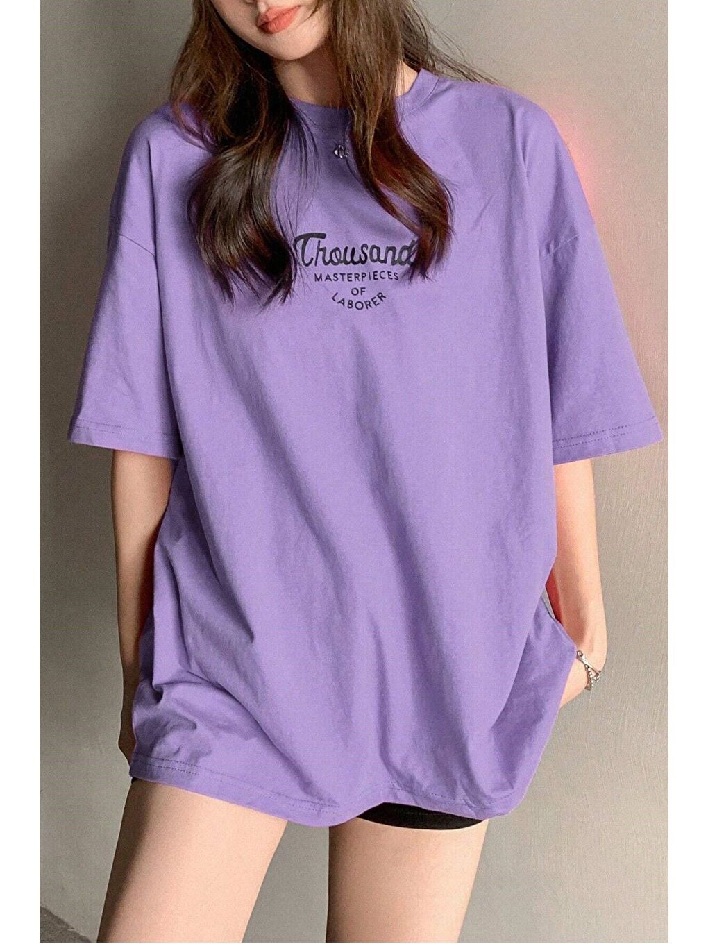 Kadın Mor Bisiklet Yaka Thousand Baskılı Oversize T Shirt
