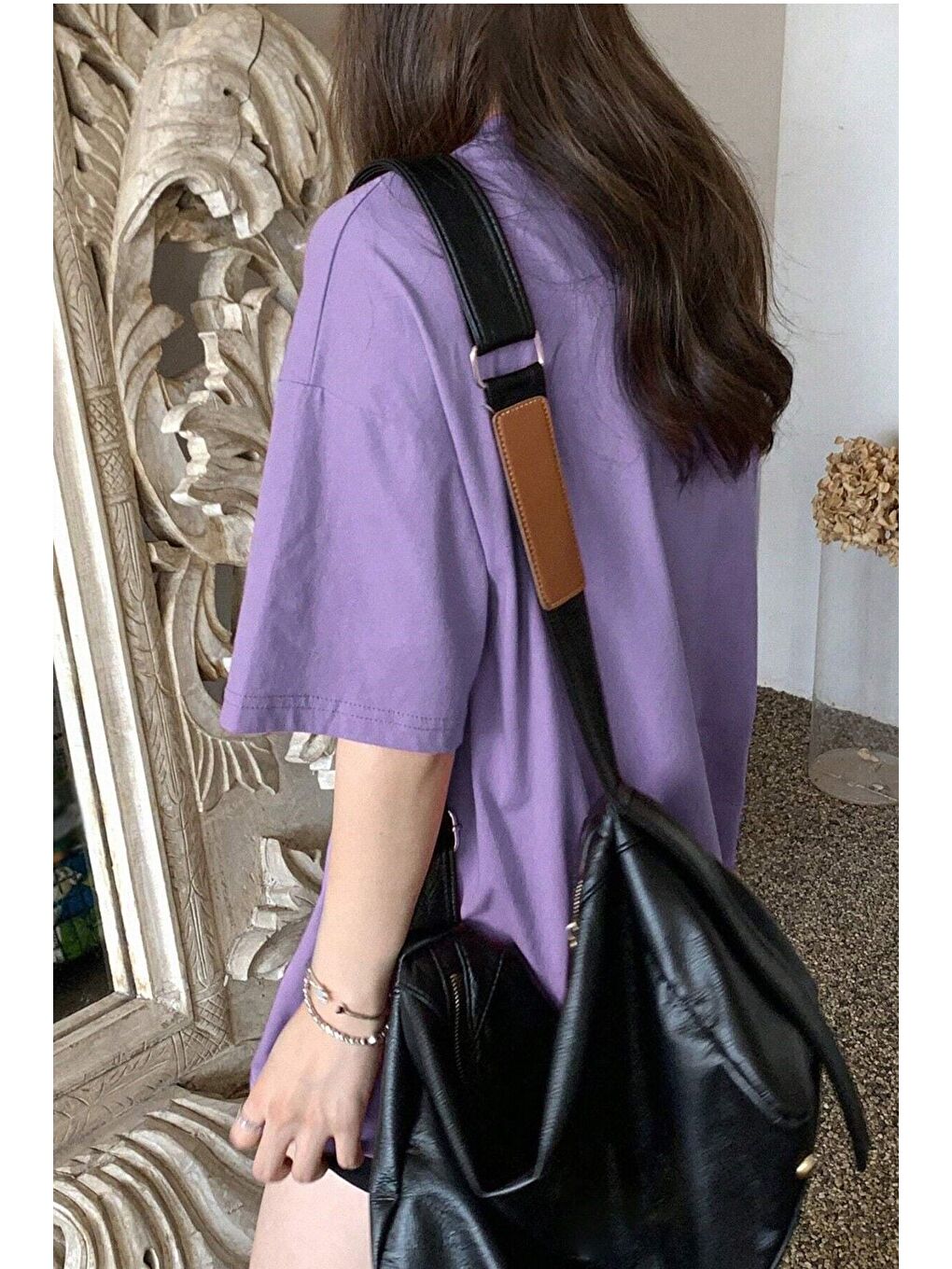 Kadın Mor Bisiklet Yaka Thousand Baskılı Oversize T Shirt-1