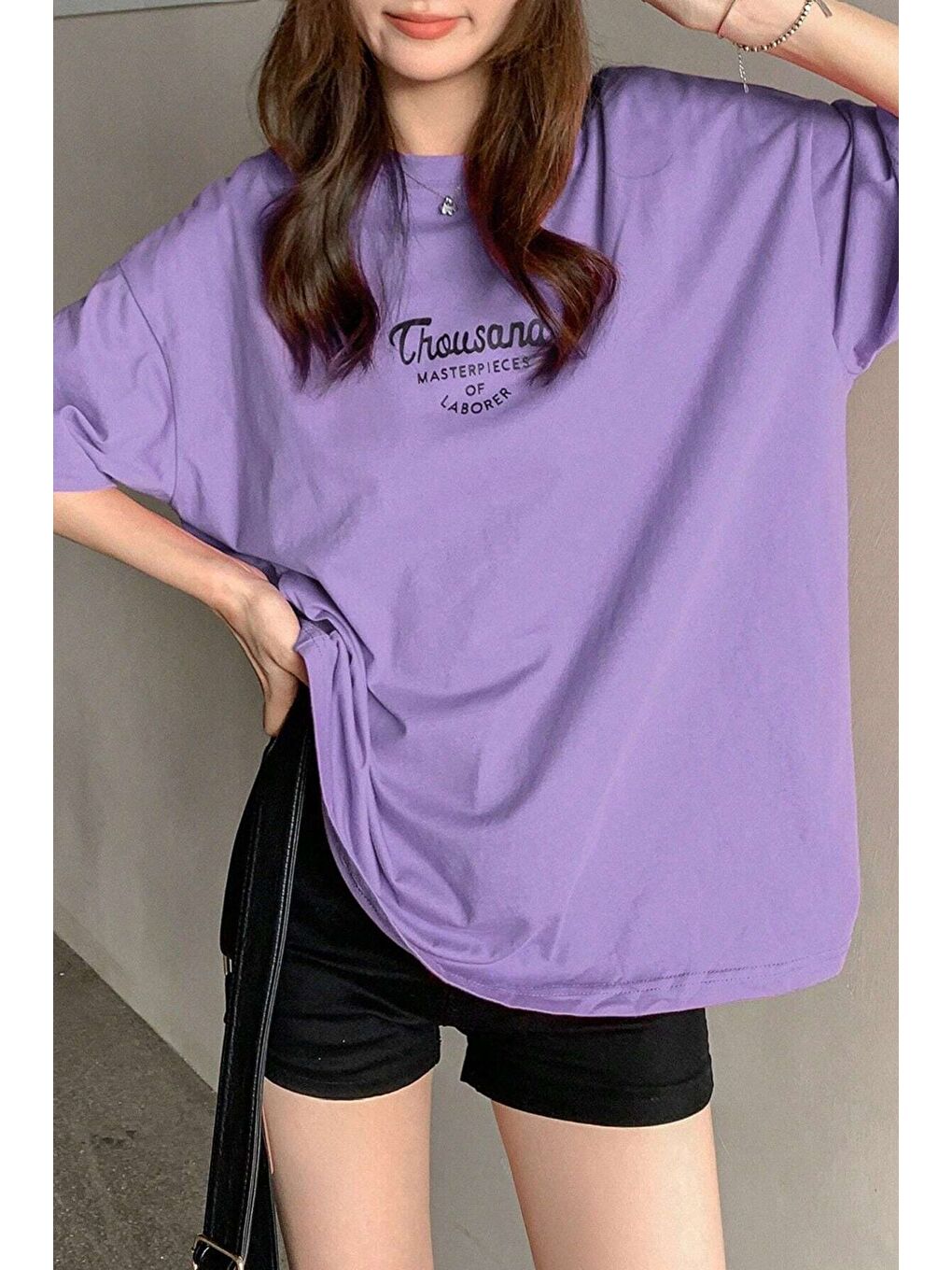 Kadın Mor Bisiklet Yaka Thousand Baskılı Oversize T Shirt-3