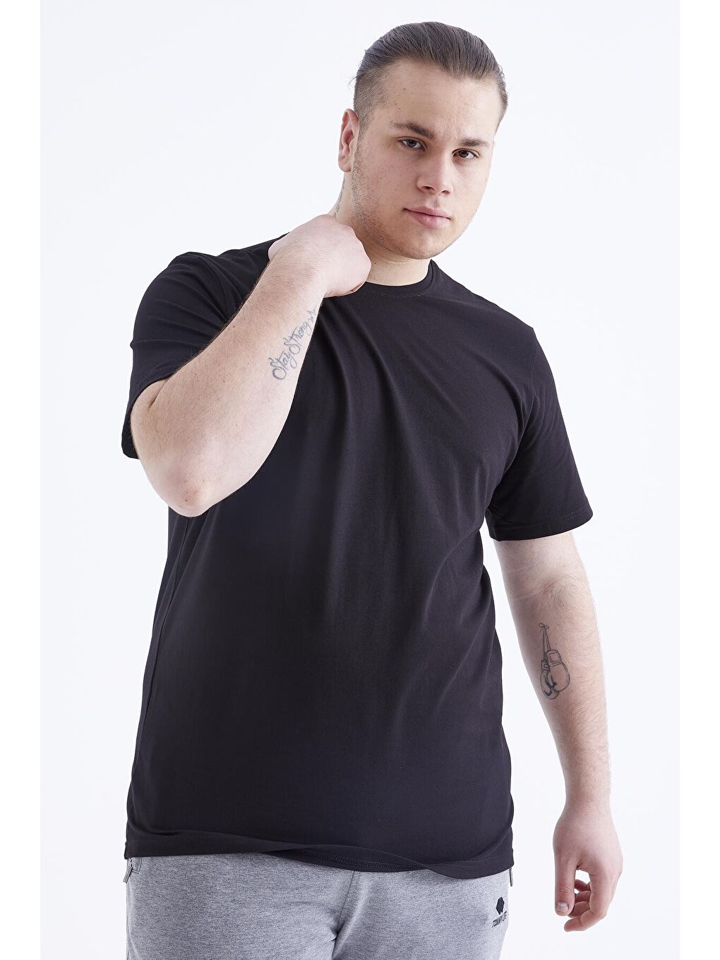 Siyah Basic Kısa Kol O Yaka  Erkek Büyük Beden Tişört - 88072-2