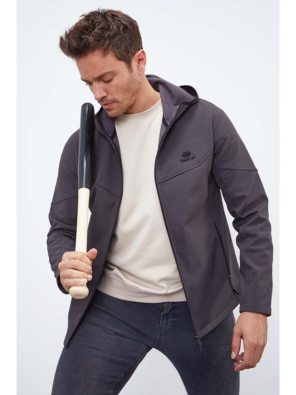 Antrasit Fermuarlı Kapüşonlu Su ve Rüzgar Geçirmez Softshell Erkek Mont - 88051-1