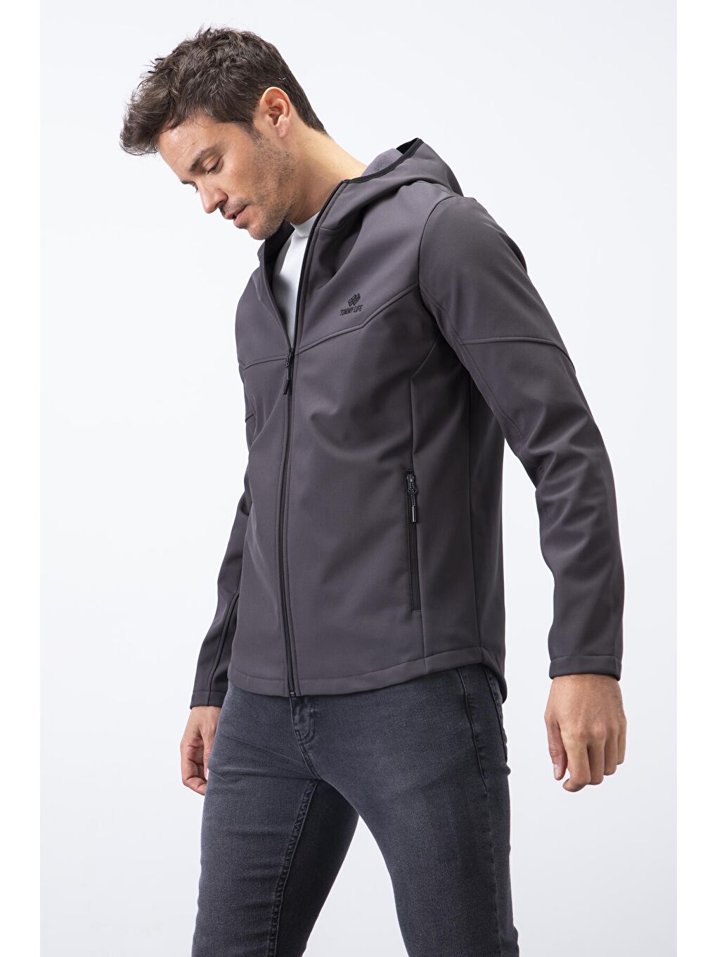 Antrasit Fermuarlı Kapüşonlu Su ve Rüzgar Geçirmez Softshell Erkek Mont - 88051-2