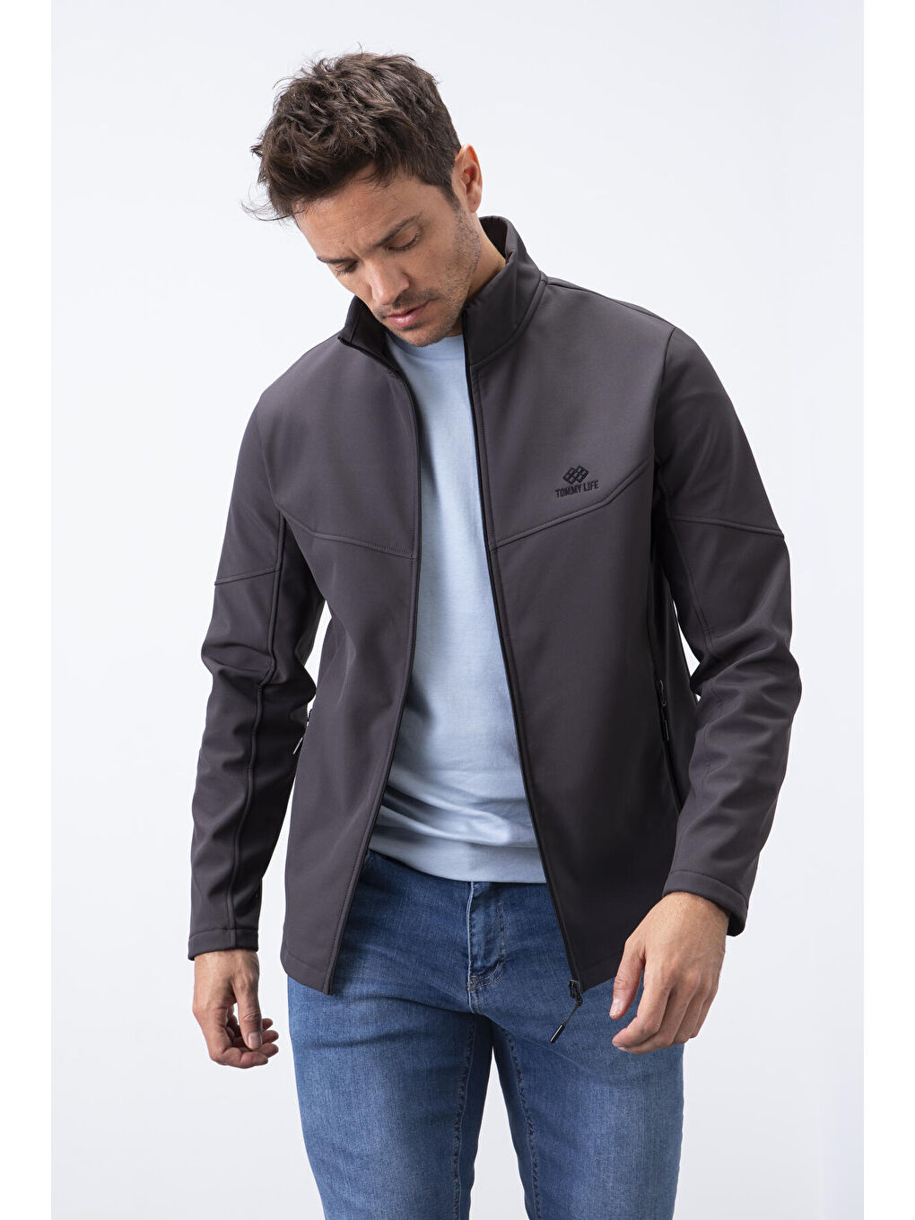 Antrasit Fermuarlı Dik Yaka Su ve Rüzgar Geçirmez Softshell Erkek Mont - 88050-2