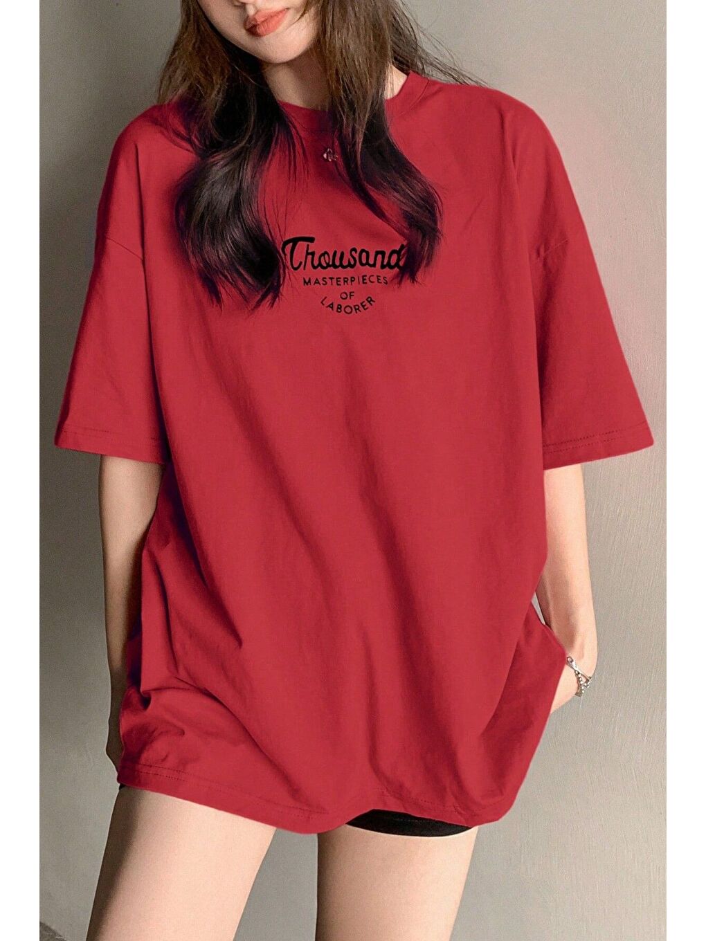 Kadın Kırmızı Bisiklet Yaka Thousand Baskılı Oversize T Shirt