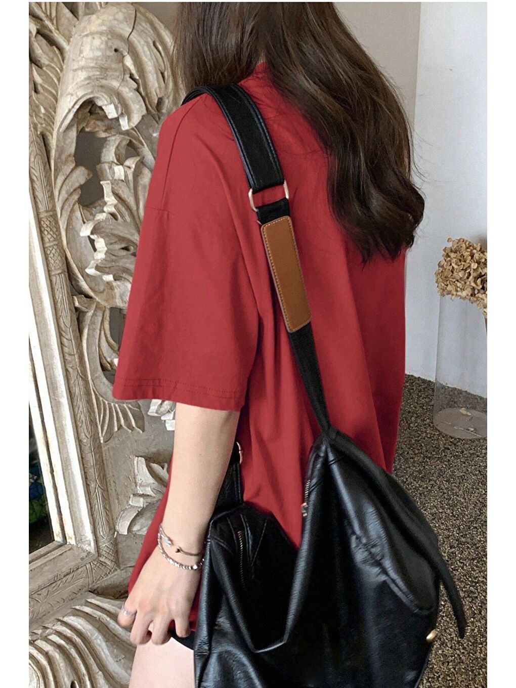 Kadın Kırmızı Bisiklet Yaka Thousand Baskılı Oversize T Shirt-1